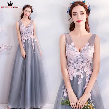 

A-lin Lace Tulle Flowers Beading Gray Long Formal Evening Dresses 2020 New Prom Party Dress Evening Gowns Robe De Soiree NT64