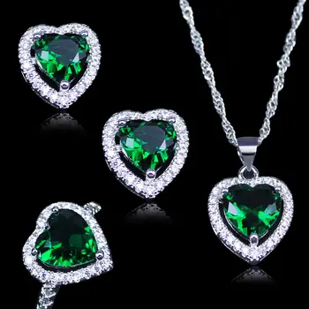 

Russian Heart Green Created Emerald White Zircon Silver Color Jewelry Sets Pendant earrings Rings Necklace