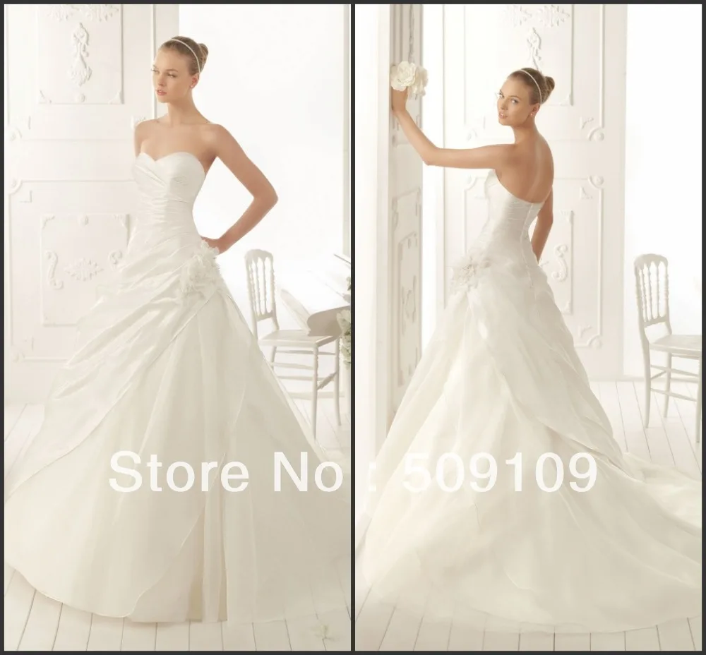 New 2014 Simple Wedding Dresses Sweetheart Taffeta And Organza Ruched Flower Court Train Bridal Ball Gown Free Size Haute Custom | Свадьбы и