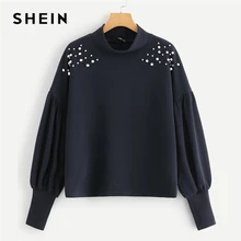 SHEIN, темно-синий, элегантный, элегантный, с вырезом, украшенный жемчугом, с заниженным плечом, однотонный свитшот, осень, Повседневный, для кампуса, женские толстовки