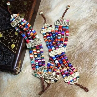 

BB-131 Tibetan Colorful Yak Bone Beaded bracelet Multi chains Rainbow Gilrs beads bangle