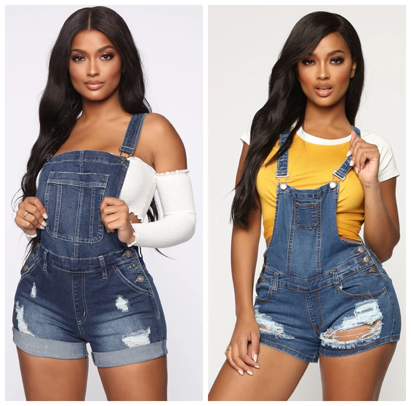 

Plus Size Womens Rompers Jumpsuit Denim Short Overalls Skinny Jeans Playsuits Femme Ripped Hole Combi Shorts Combinaison Siamese
