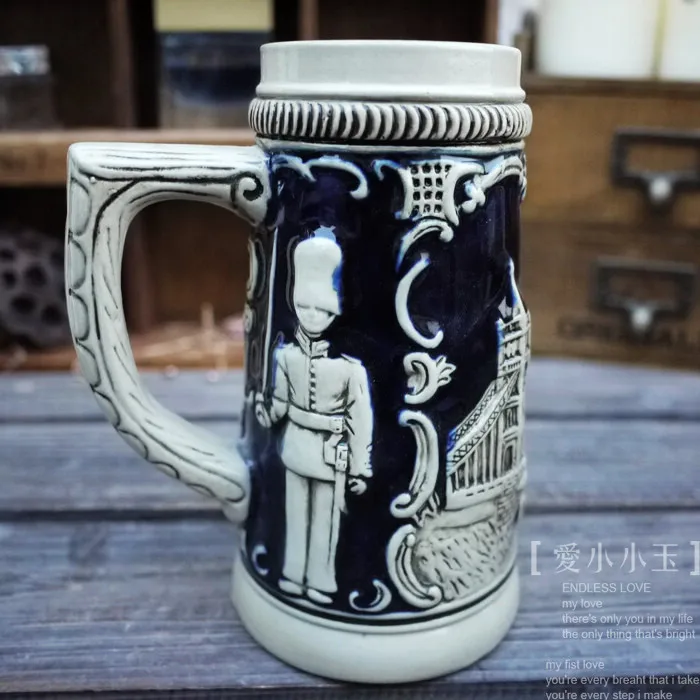 

2016 New Arrival Ceramic German Beer Mug Tower of London Hand Painted Mugs Embossed Pattern Coffee Cup 10*18cm