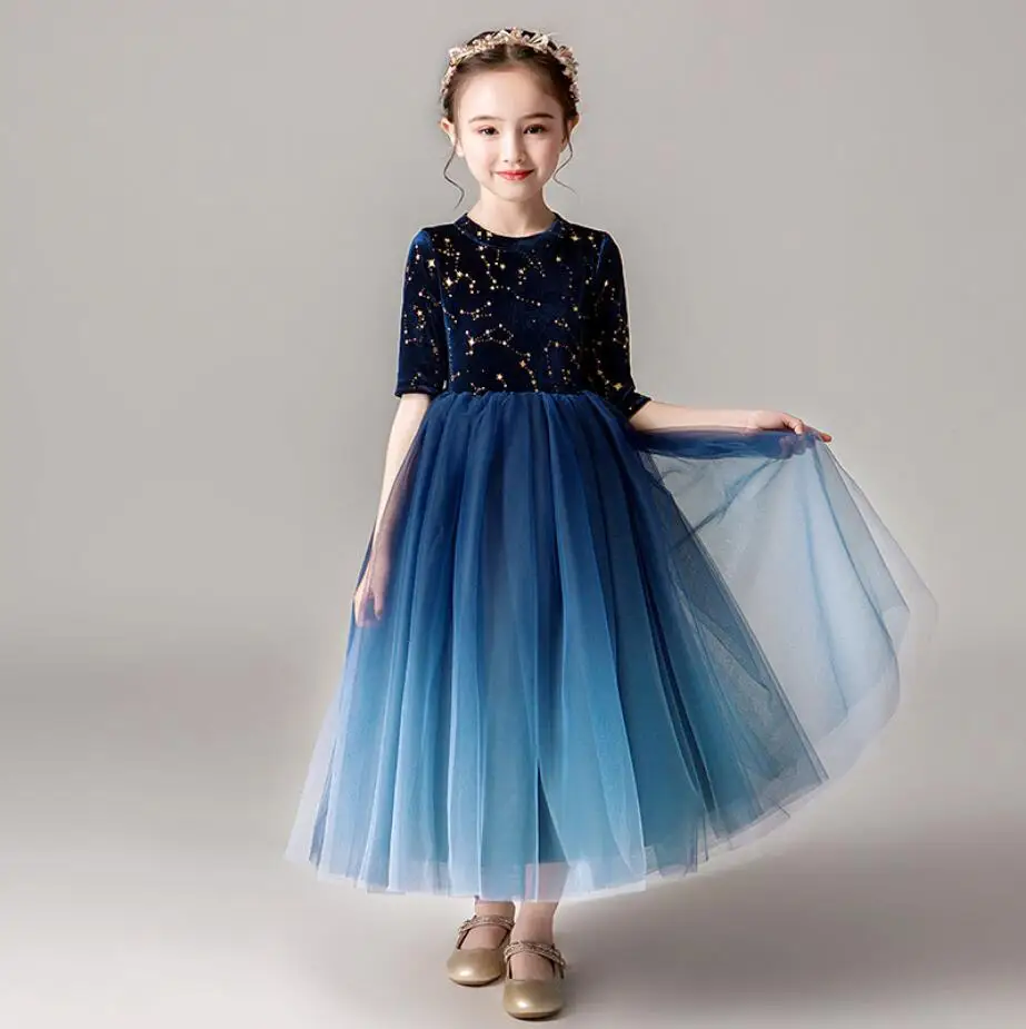 Royal Blue Lace Flower Girls Dresses for Weddings Gold Sequin Half