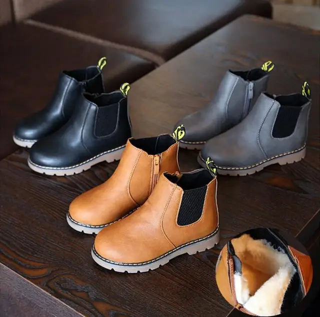 US $7.35 2019 New Autumn Children Shoes PU Leather Waterproof Leather Boots Warm Kids Snow Boots Girls Boys 