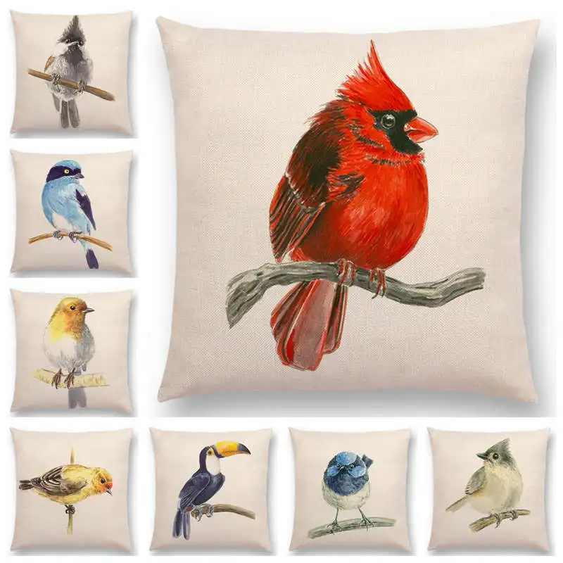 

Newest Birds Painting Cushion Cover Robin Titmouse Toucan Fairy Sparrow Firecrest Cardinal Bullfinch 25 Design Available