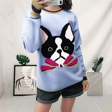 Свитер большого размера Для женщин s O шеи синий свитера с рисунком собаки весна теплые пуловеры обычный свитер Для женщин Милый свитер