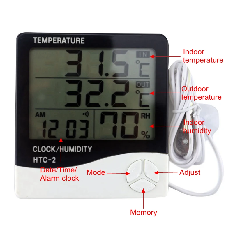 HTC-2 Метеостанция цифровая ЖК-дисплей Температура измеритель влажности в помещении/открытый комнатный термометр гигрометр, часы с датчиком