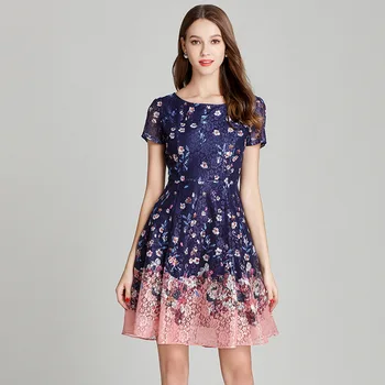 

2019 Dress Sexy Print Lace Short Large Size Temperament Women Full O Neck Fashion Night Club Body con Party Dresses Wholesale