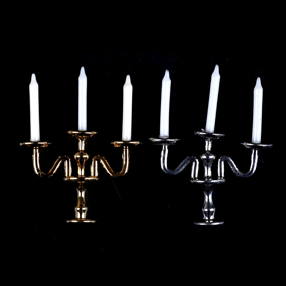 1:12 Scale 1pc 3-arm Miniature Candlesticks Candelabra Dollhouse White Candles Furniture Toy Pretend Play Doll House Accessories