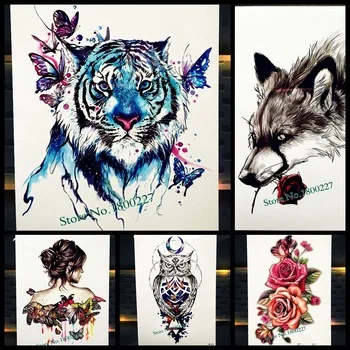 Watercolour Blue Tiger With Butterfly Temporary Tattoo Stickers, Drawing Body Art Paint Waterproof Tattoo Fake Flash Tatoo Women