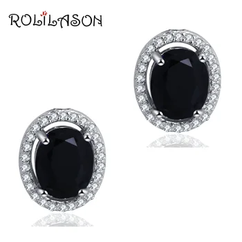 

ROLILASON Hot sell Zircon Jewelry for women silver color stamped Black Crystal Stud Earrings Fashion jewelry JE1168