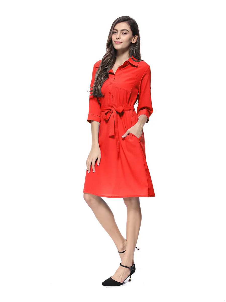 

2019 Summer Dress Women Fashion Casual lapel Solid Color Cropped Sleeve Solid Color Dress School Preppy Turn dowm collar Dress