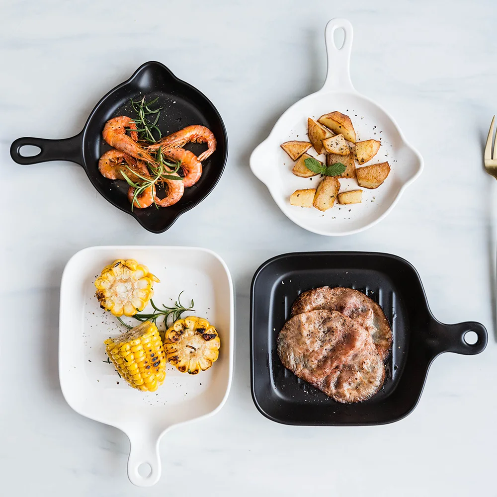 

MDZF SWEETHOME Nordic Ceramic Tableware Creative Dish With Handle Small Baking Dish Steak Snack Plate