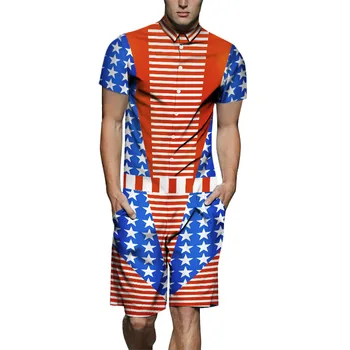 

American Flag 3D Printing Short Sleeve Mens Rompers Single Breasted Jumpsuit Short Pants Boyfriend Party Overalls Mae TS-490