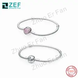 ZEF pan 925 Серебряный браслет для женщин, блестящее сердце оригинальный классический логотип Роскошные Модные женские ювелирные изделия