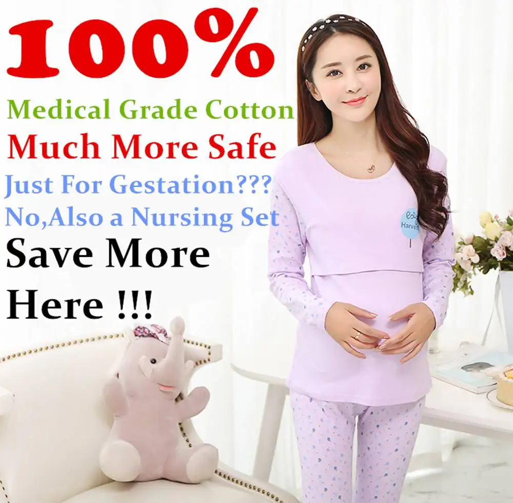 2PC Cotton Nursing Pajamas Set Adjustable Maternity Nursing Sleepwear