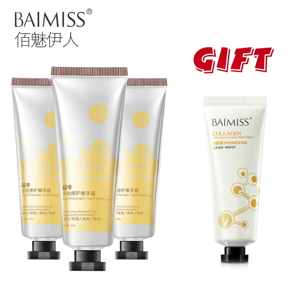 

Buy 3 get 1 gift BAIMISS Snail Serum Repair Hand Cream 3pcs + Collagen Firming Hand Cream 1pcs Nourishing Skin Care