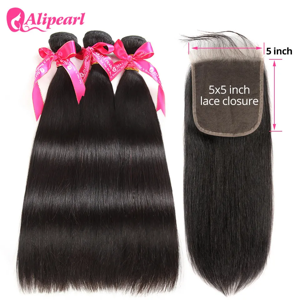 

AliPearl Hair Straight Human Hair 3 Bundles With 5x5 Closure Brazilian Hair Weave Bundles Natural Color Remy Hair Extension