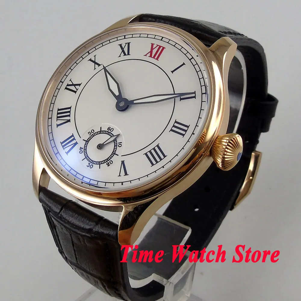 

Parnis 44mm 17 jewels 6498 hand winding men's watch waterproof golden case white dial Roman numerals leather strap 1027