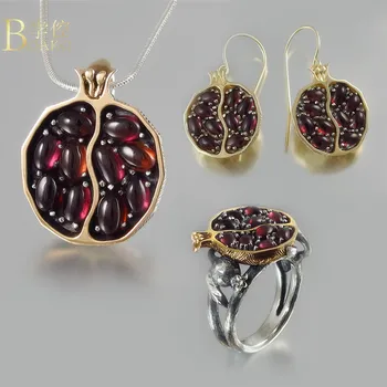 

Vintage Retro Natural Flower Garnet Pendant Necklace Drop Earrings Rings For Women Red Gem stone Pomegranate Jewelry Sets Z3