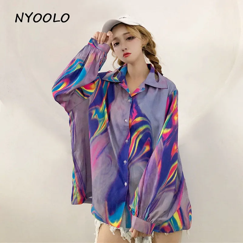 

NYOOLO Vintage Harajuku style laser print shirt 2018 summer loose turn-down collar puff sleeve shirt women cloth tops