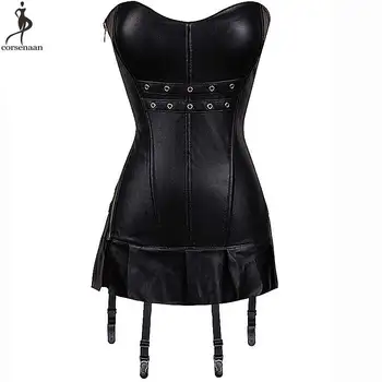

Corset Dress One Piece Corsets Dresses Overbust Boned Black Side Zipper Bustier Women Outfit Faux Leather Gothic Gorset Sexy Hot