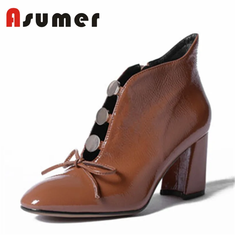 

ASUMER NEW 2018 fashion adult ankle boots for women solid unique high heels boots square toe thick heels genuine leather boots