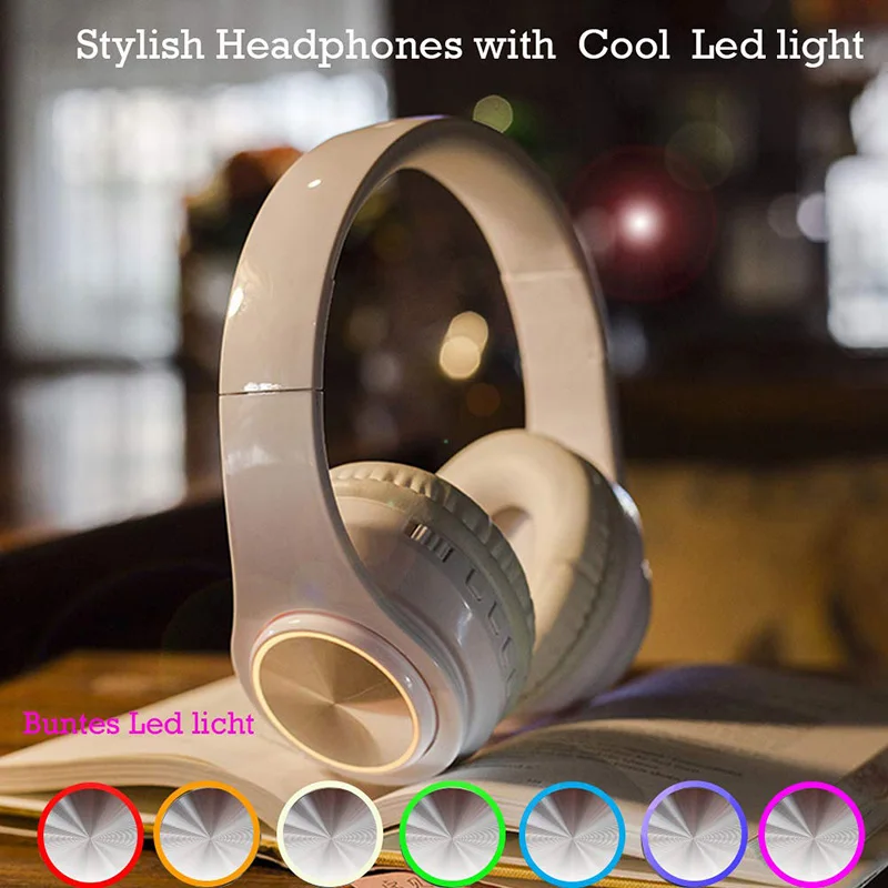 Bluetooth Наушники накладные, беспроводная гарнитура с микрофоном и холодный светодиодный светильник, Портативный и складной, шумоподавляющий стерео