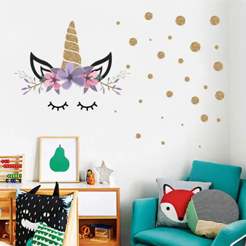 Cute Cartoon Unicorn Stickers Kids Room Wall Decor Golden Dots Cute Cartoon Unicorn Stickers Kids Room