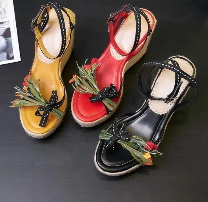 

2019 Summer Wedges Retro Flowers Women Sandals Open Toe Mixed Color Thick Bottom Platform Buckle Strap Shoes Women