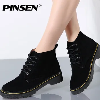 

PINSEN 2020 Genuine Leather Suede Ankle Boots Women Winter Classic Fashion Boots Motorcycle Black Ankle Lace Up Shoes for Women