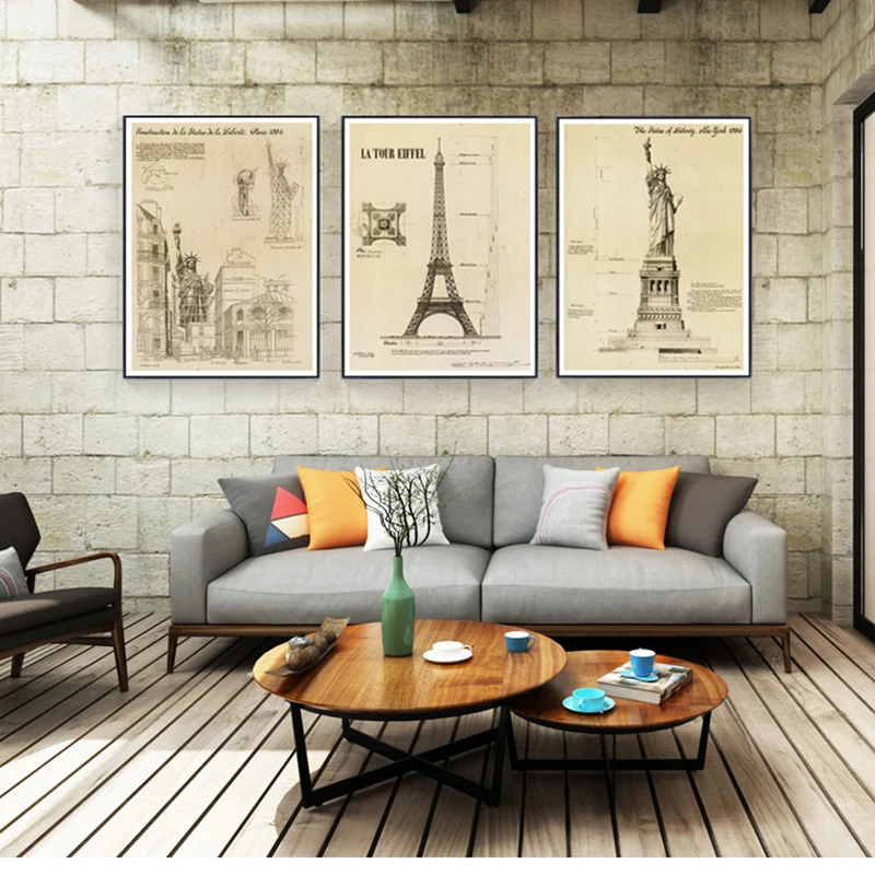 Здание рисунки Wall Art Эйфелева башня Статуя Свободы Художественная печать на