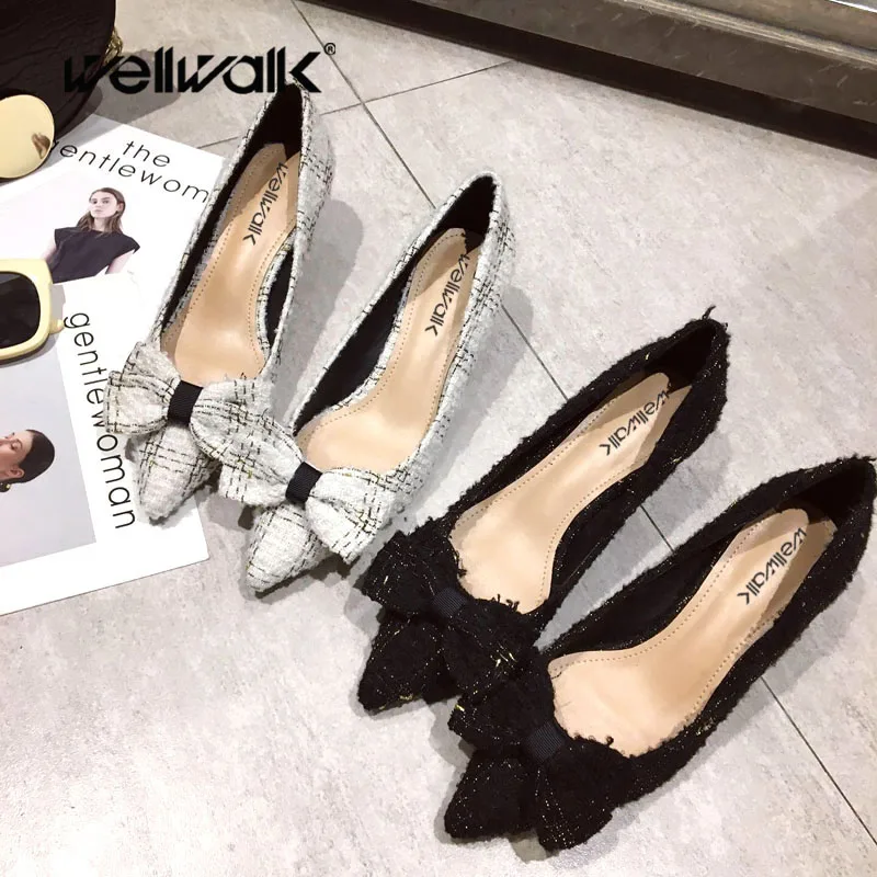 Wellwalk Black Pumps Women Dress Shoes Slip-on High Heels Pumps Ladies Clear Heel Pumps Female Pointed Toe Shoes Elegant Sandals