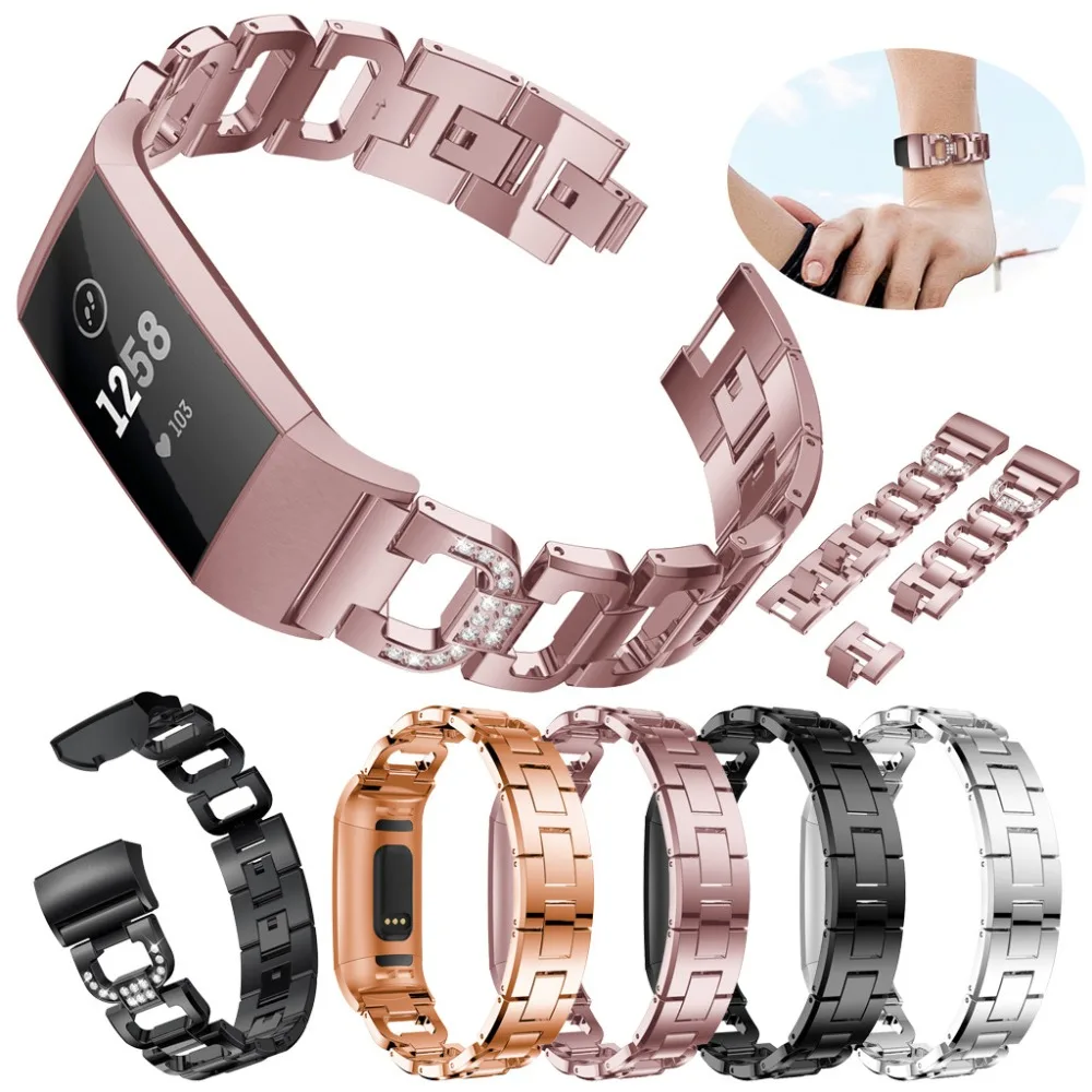 Luxury Smartwatch Straps on for Fitbit Charge 3 Stylish D Word Metal Bracelets Replacement Adjustable Straps With Rhinestones