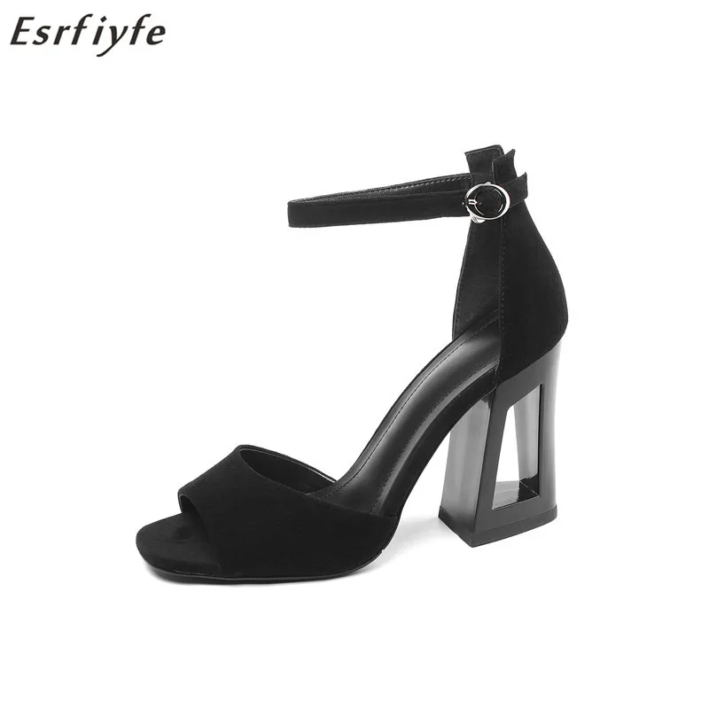 

ESRFIYFE New Casual High Heel Women Sandals Buckle Peep Toe Sandalias Shoes Solid Fretwork Heels Ladies Office Career Shoes