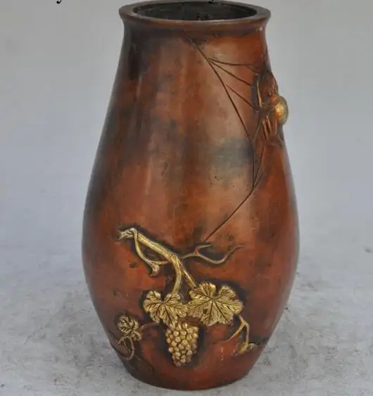 

S03584 8"mark China palace Bronze gilt Grapes Spider statue Zun Cup Bottle Pot Vase Jar B0403