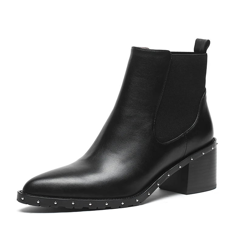 WETKISS/женские ботинки «Челси» на высоком каблуке; обувь на молнии с острым носком; женские ботильоны с заклепками; модная обувь; женская зимняя обувь; коллекция года - Цвет: Черный