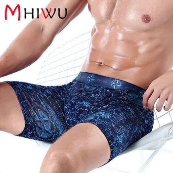 

MHIWU Men's sports long printed cotton boxer running wear legs five points pants long flat four-legged long pants mens