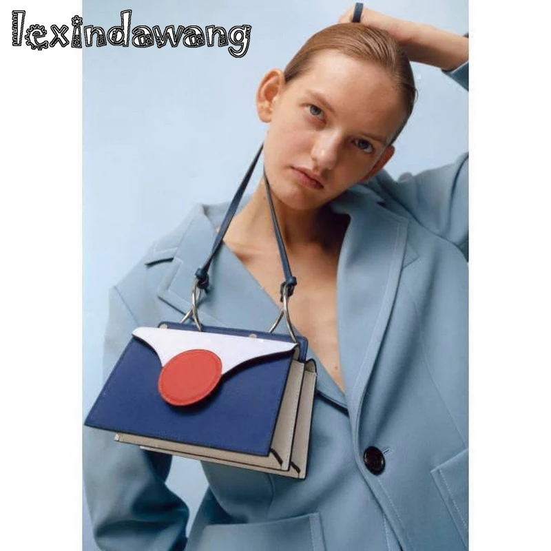 

Fashion Design Genuine Leather Women Organ bag Hit Color Patchwork Chic Female Flap Shoulder Bags Metal Ring Girl Messenger Bags
