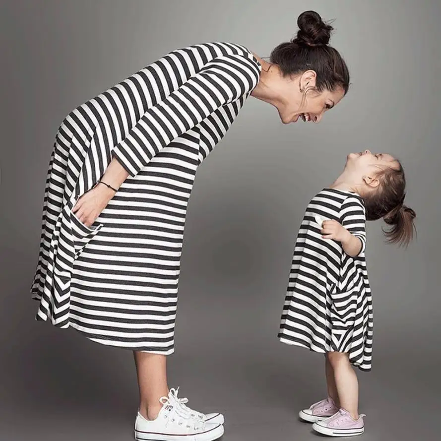 

Daughter Black White Striped Dress Casual Family Clothes Girls Dress baby girl clothes sweet and elegant bebe dress July20