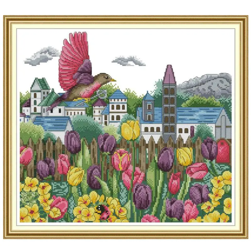 

Tulips Birds DIY Handmade Needlework Counted 14CT Printed Cross Stitch Embroidery Kit Set Home Decoration