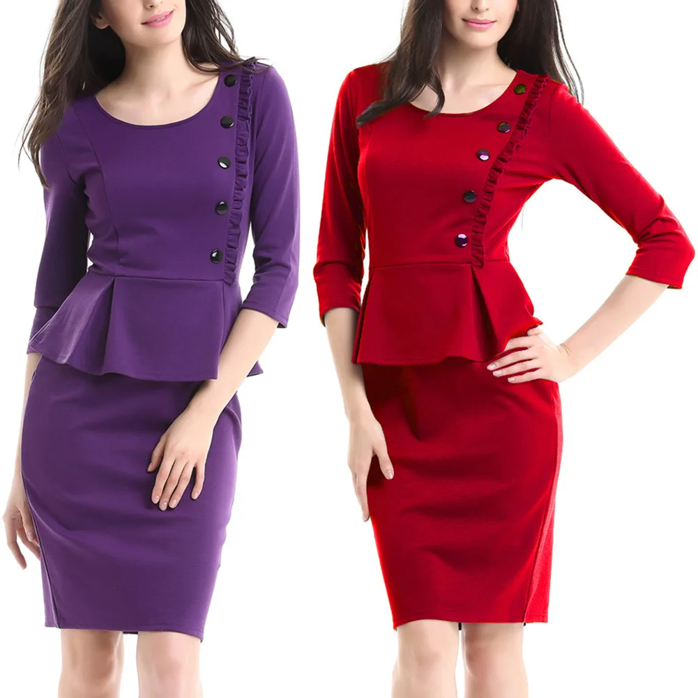 Aliexpress.com : Buy Women Elegant Work Peplum 3/4 Sleeve Dress Office Patchwork Ruffle Office