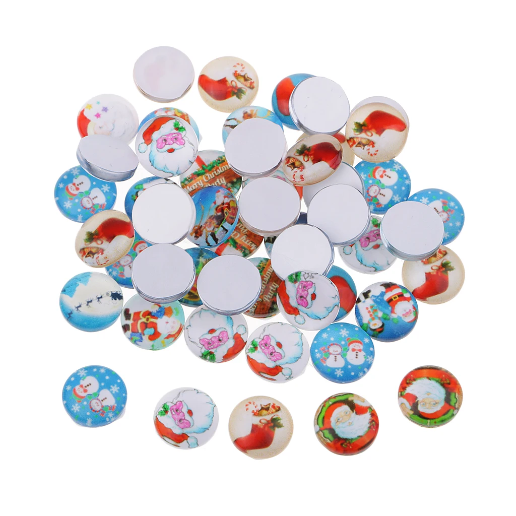 50x Christmas Theme Half Round Flat Back Glass Cabochons 10mm Jewelry Making