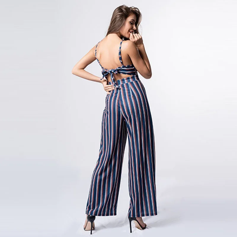 Wide Leg Jumpsuits Women 2019 New Sleeveless V Neck Striped Jumpsuit Overalls Lace Up Cut Out Jumpsuits Rompers Wide Leg Jumpsuits Women 2019 New Sleeveless V Neck Striped Jumpsuit Overalls Lace Up Cut Out Jumpsuits Rompers