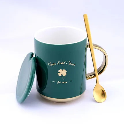 Ins креативная керамическая кружка для кофе, молока с крышкой и ложкой, подарок на день рождения для влюбленных, бизнес чашка, высокотемпературная глазурь, жареный цветок - Цвет: LEAF