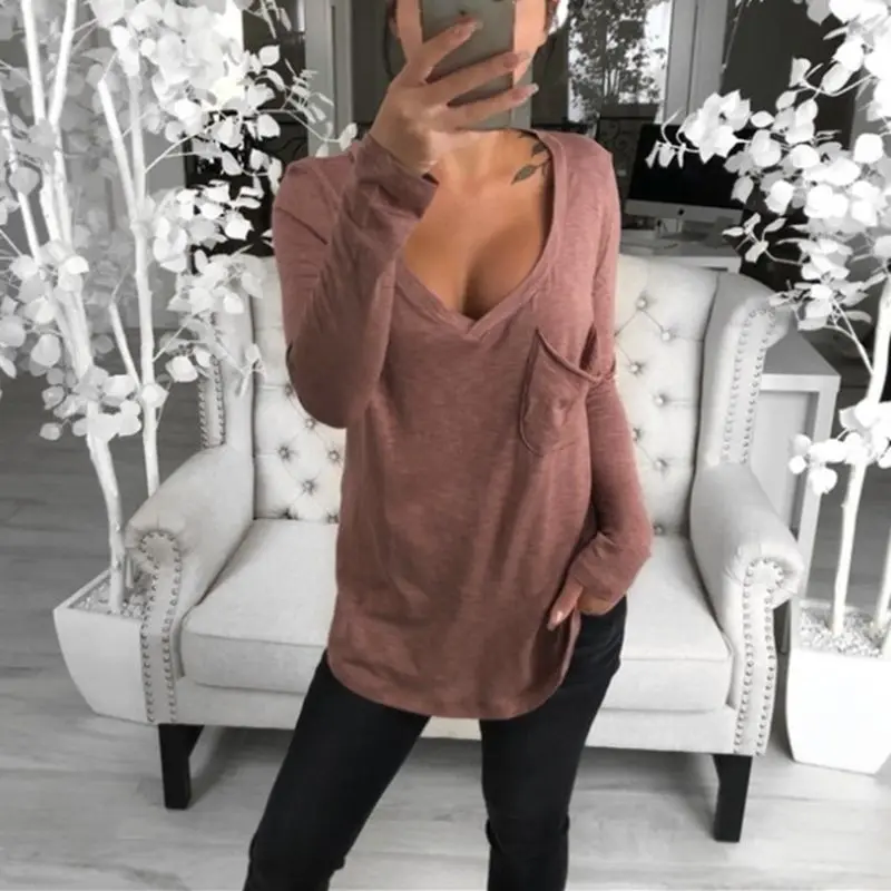 

LAAMEI 2019 New Women Basic Cotton T-Shirts Spring Long Sleeve V-Neck Casual Long Tops Tee Girl Sexy T-Shirt Plus Size T Shirt