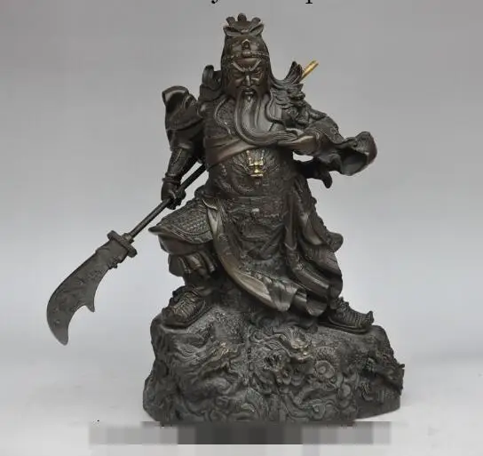 

S01808 14"Chinese Bronze Protect Dragon Valor Warrior GuanGong GuanYu God Sword Statue B0403