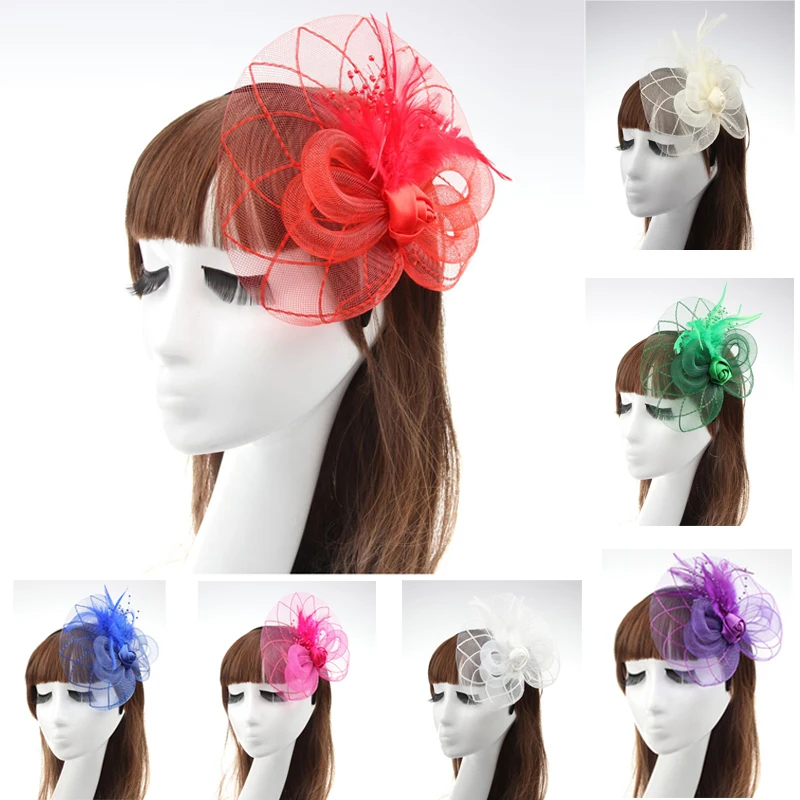 

American Bride Hair Feather Flower Hat Gauze Veil Lady Headband Headdress Flower Headwear for Women Flapper Feather Headband