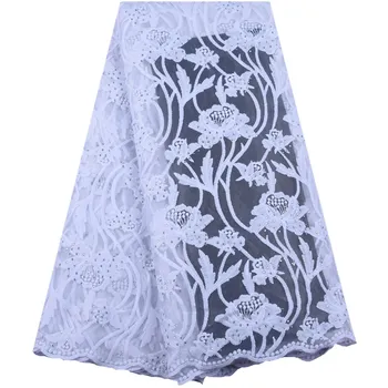 

New Design Pure White Silk Milk Lace Fabrics Latest Nigreian French Mesh Lace Fabric With Stones For African Wedding DressF1567